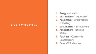 CSR ACTIVITIES
1. Arogya – Health
2. Vidyadhanam - Education
3. Kaushalya - Employability
or Skilling
4. Vasundhara - Environment
5. Amrutdhara - Drinking
Water
6. Aadhaar - Community
Development
7. Seva - Volunteering
4
 