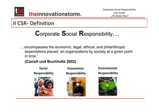 Corporate Social Responsibility
                                                           Case Study:
                                                        „The Body Shop“


II CSR- Definition
          Corporate Social Responsibility…
  … encompasses the economic, legal, ethical, and philanthropic
    expectations placed on organizations by society at a given point
    in time.”
    (Carroll und Buchholtz 2002)
             Social           Economical       Enviromental
          Responsibility     Responsibility    Responsibility
 