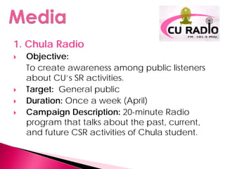 1. Chula Radio
   Objective:
    To create awareness among public listeners
    about CU’s SR activities.
   Target: General public
   Duration: Once a week (April)
   Campaign Description: 20-minute Radio
    program that talks about the past, current,
    and future CSR activities of Chula student.
 