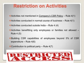 Restriction on Activities
Activities not mentioned in Company’s CSR Policy – Rule 4(1)
Activities conducted in normal course of business – Rule 4(1)
Activities conducted outside India – Rule 4 (4)
Activities benefitting only employees or families not allowed –
Rule 4 (5)
Building CSR capabilities of employees beyond 5% of CSR
expenditure – Rule 4(6)
Contribution to political party – Rule 4(7)
 