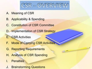 April 2014 Copyright - Anil Chawla Law Associates LLP 2
A. Meaning of CSR
B. Applicability & Spending
C. Constitution of CSR Committee
D. Implementation of CSR Strategy
E. CSR Activities
F. Mode of Carrying CSR Activities
G. Reporting Requirements
H. Analysis of CSR Spending
I. Penalties
J. Brainstorming Questions
 