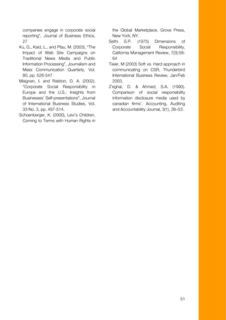 companies engage in corporate social           the Global Marketplace, Grove Press,
 reporting”, Journal of Business Ethics,        New York, NY.
 27                                           Sethi S.P. (1975) Dimensions of
Ku, G., Kaid, L., and Pfau, M. (2003), “The     Corporate      Social      Responsibility,
 Impact of Web Site Campaigns on                California Management Review, 7(3):58-
 Traditional News Media and Public              64
 Information Processing”, Journalism and      Tixier, M (2003) Soft vs. Hard approach in
 Mass Communication Quarterly, Vol.             communicating on CSR, Thunderbird
 80, pp. 528-547                                International Business Review, Jan/Feb
Maignan, I. and Ralston, D. A. (2002),          2003.
 “Corporate Social Responsibility in          Z´eghal, D. & Ahmed, S.A. (1990).
 Europe and the U.S.: Insights from             Comparison of social responsibility
 Businesses’ Self-presentations”, Journal       information disclosure media used by
 of International Business Studies, Vol.        canadian firms’, Accounting, Auditing
 33 No. 3, pp. 497-514.                         and Accountability Journal, 3(1), 38–53.
Schoenberger, K. (2000), Levi’s Children.
 Coming to Terms with Human Rights in




                                                                                       51
 
