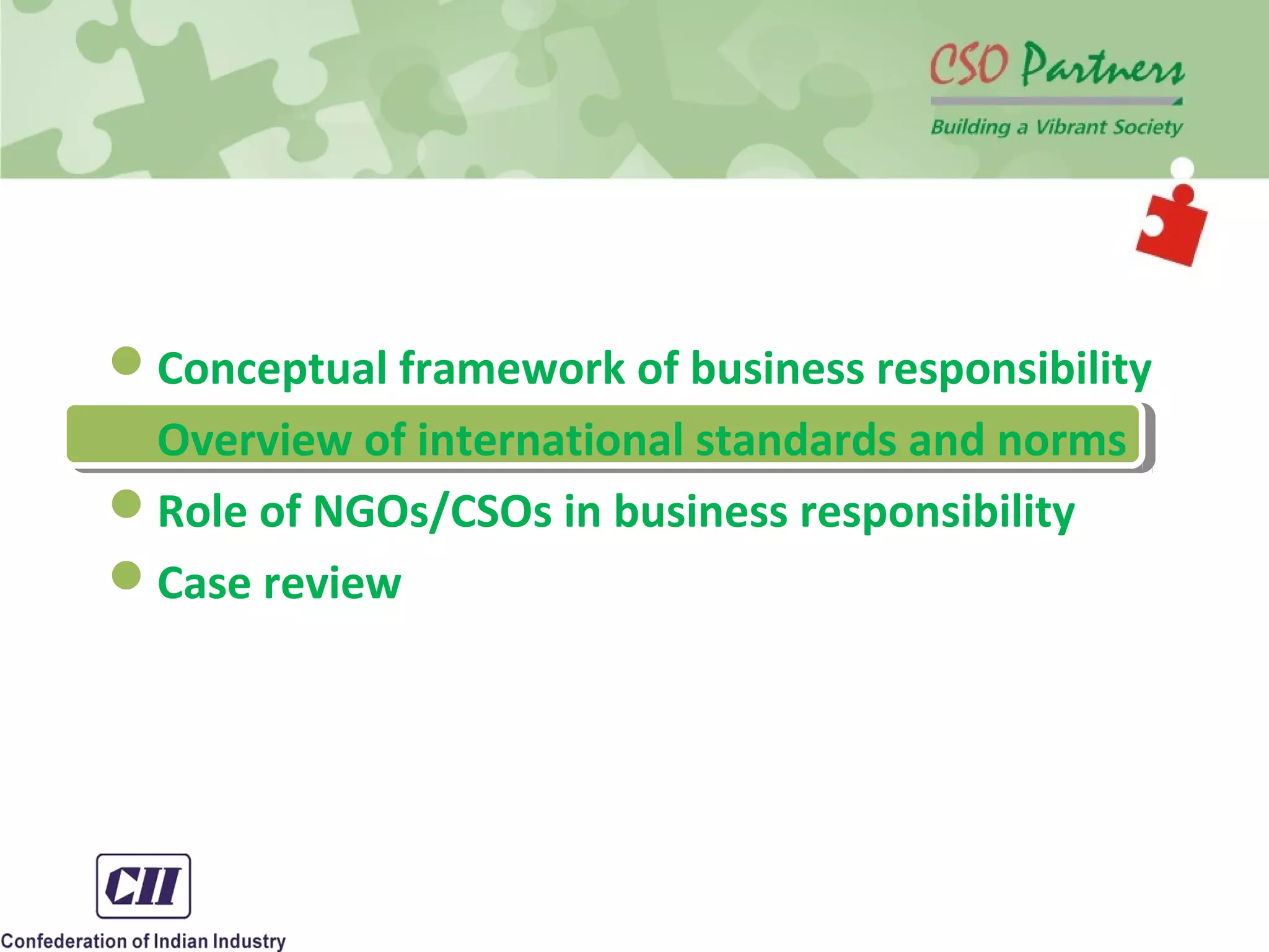 Conceptual framework of business responsibility
Overview of international standards and norms
Role of NGOs/CSOs in business responsibility
Case review
 