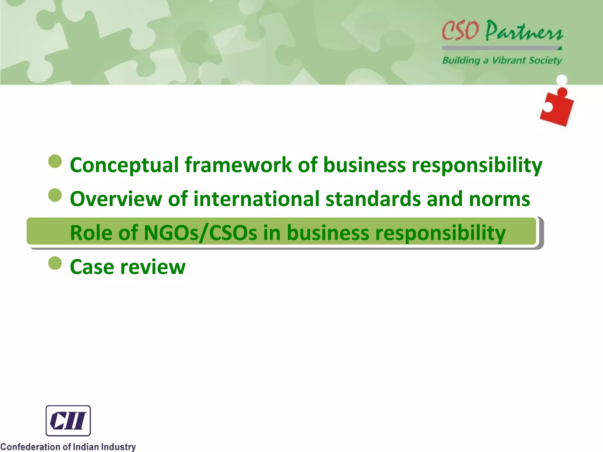 Conceptual framework of business responsibility
Overview of international standards and norms
Role of NGOs/CSOs in business responsibility
Case review
 