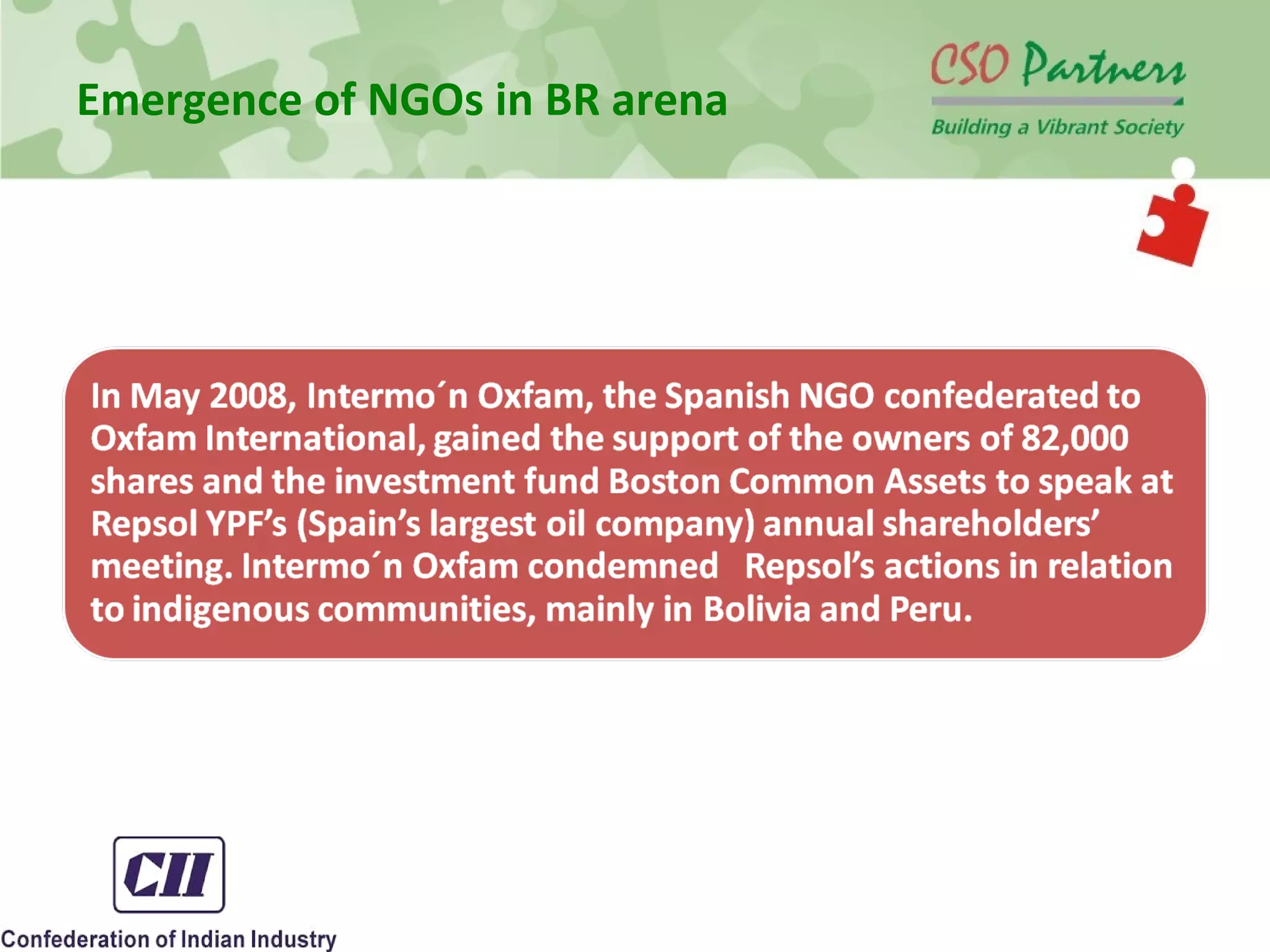 Emergence of NGOs in BR arena
 