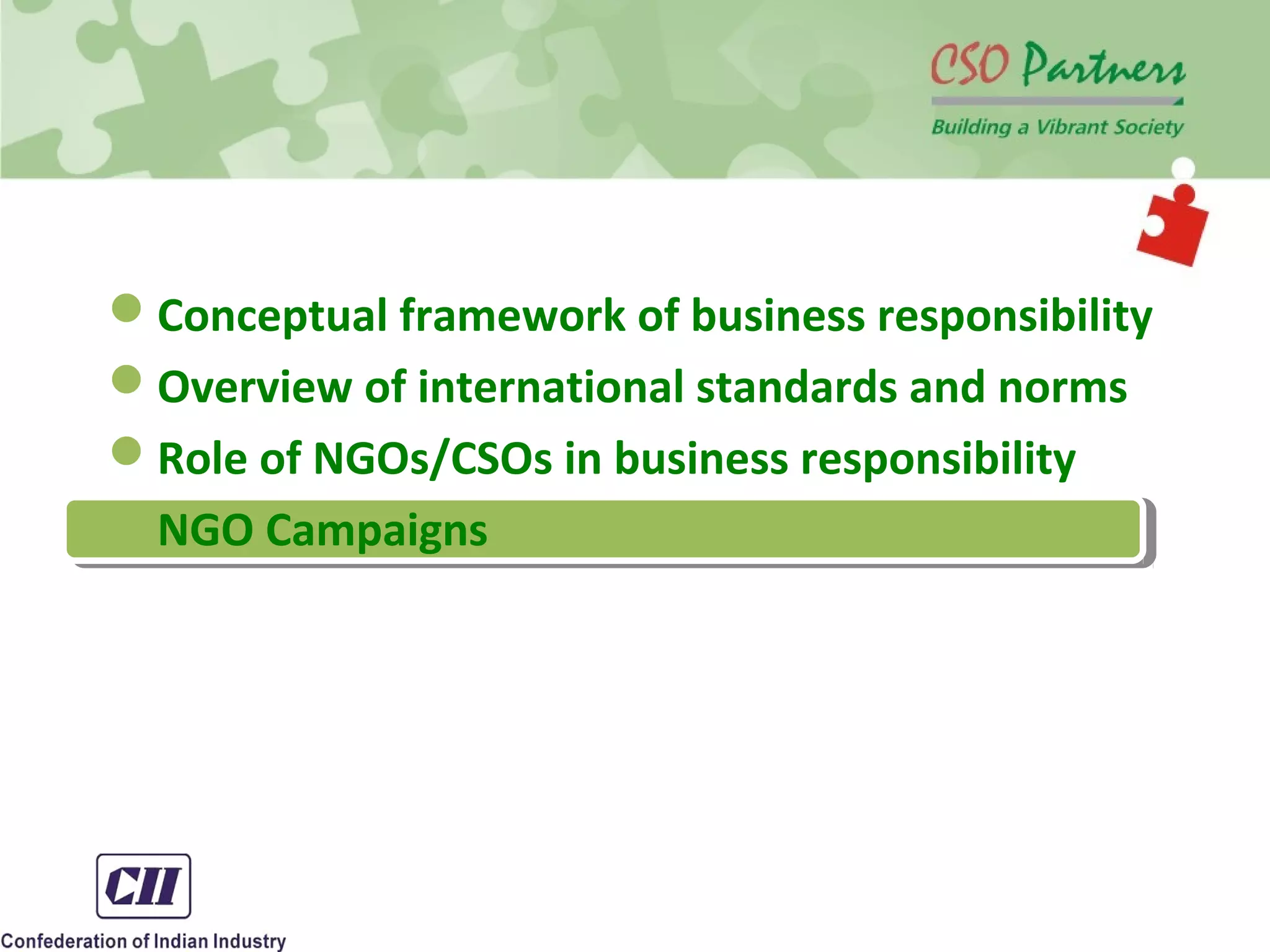 Conceptual framework of business responsibility
Overview of international standards and norms
Role of NGOs/CSOs in business responsibility
NGO Campaigns
 