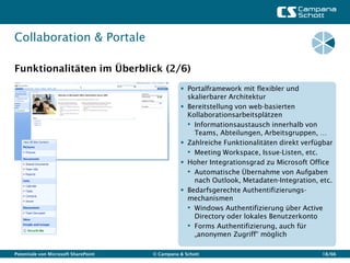 Collaboration & Portale

Funktionalitäten im Überblick (2/6)
                                                 Portalframework mit flexibler und
                                                  skalierbarer Architektur
                                                 Bereitstellung von web-basierten
                                                  Kollaborationsarbeitsplätzen
                                                  • Informationsaustausch innerhalb von
                                                    Teams, Abteilungen, Arbeitsgruppen, …
                                                 Zahlreiche Funktionalitäten direkt verfügbar
                                                  • Meeting Workspace, Issue-Listen, etc.
                                                 Hoher Integrationsgrad zu Microsoft Office
                                                  • Automatische Übernahme von Aufgaben
                                                    nach Outlook, Metadaten-Integration, etc.
                                                 Bedarfsgerechte Authentifizierungs-
                                                  mechanismen
                                                  • Windows Authentifizierung über Active
                                                    Directory oder lokales Benutzerkonto
                                                  • Forms Authentifizierung, auch für
                                                    „anonymen Zugriff“ möglich

Potentiale von Microsoft SharePoint   © Campana & Schott                                  18/66
 