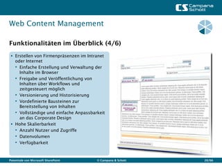 Web Content Management

Funktionalitäten im Überblick (4/6)
  Erstellen von Firmenpräsenzen im Intranet
   oder Internet
   • Einfache Erstellung und Verwaltung der
     Inhalte im Browser
   • Freigabe und Veröffentlichung von
     Inhalten über Workflows und
     zeitgesteuert möglich
   • Versionierung und Historisierung
   • Vordefinierte Bausteinen zur
     Bereitstellung von Inhalten
   • Vollständige und einfache Anpassbarkeit
     an das Corporate Design
  Hohe Skalierbarkeit
   • Anzahl Nutzer und Zugriffe
   • Datenvolumen
   • Verfügbarkeit


Potentiale von Microsoft SharePoint     © Campana & Schott   20/66
 