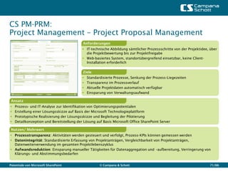 CS PM-PRM:
Project Management – Project Proposal Management
                                           Anforderungen
                                            IT-technische Abbildung sämtlicher Prozessschritte von der Projektidee, über
                                             die Projektbewertung bis zur Projektfreigabe
                                            Web-basiertes System, standortübergreifend einsetzbar, keine Client-
                                             Installation erforderlich

                                           Ziele
                                              Standardisierte Prozesse, Senkung der Prozess-Liegezeiten
                                              Transparenz im Prozessverlauf
                                              Aktuelle Projektdaten automatisch verfügbar
                                              Einsparung von Verwaltungsaufwand

 Ansatz
   Prozess- und IT-Analyse zur Identifikation von Optimierungspotentialen
   Erstellung einer Lösungsskizze auf Basis der Microsoft Technologieplattform
   Prototypische Realisierung der Lösungsskizze und Begleitung der Pilotierung
   Detailkonzeption und Bereitstellung der Lösung auf Basis Microsoft Office SharePoint Server

 Nutzen/ Mehrwert
 Prozesstransparenz: Aktivitäten werden gesteuert und verfolgt, Prozess-KPIs können gemessen werden
 Datenintegrität: Standardisierte Erfassung von Projektanträgen, Vergleichbarkeit von Projektanträgen,
  Datenweiterverwendung im gesamten Projektlebenszyklus
 Aufwandsreduktion: Einsparung manueller Tätigkeiten für Datenaggregation und –aufbereitung, Verringerung von
  Klärungs- und Abstimmungsbedarfen


Potentiale von Microsoft SharePoint                   © Campana & Schott                                            71/66
 