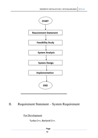 KENDRIYA VIDYALAYA NO.1 AFS KALAIKUNDA

II.

2013-14

Requirement Statement – System Requirement

For Development
Turbo C++, Borland C++.
Page
12

 