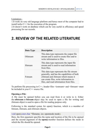 KENDRIYA VIDYALAYA NO.1 AFS KALAIKUNDA

2013-14

Limitation:1.It work on very old language platform and hence most of the computer had to
install turbo C++ for the execution of the program.
2.It doesn’t work on database which can be very useful in efficiency and speed
processing for our records.

2. REVIEW OF THE RELATED LITERATURE
Data Type

Description

Ofstream

This data type represents the output file
stream and is used to create files and to
write information to files.

Ifstream

This data type represents the input file
stream and is used to read information
from files.

Fstream

This data type represents the file stream
generally, and has the capabilities of both
ofstream and ifstream which means it
can create files, write information to
files, and read information from files.

To perform file processing in C++, header files <iostream> and <fstream> must
be included in your C++ source file.
Opening a File:
A file must be opened before you can read from it or write to it. Either
the ofstream or fstream object may be used to open a file for writing and
ifstream object is used to open a file for reading purpose only.
Following is the standard syntax for open() function, which is a member of
fstream, ifstream, and ofstream objects.
void open(const char *filename, ios::openmode mode);
Here, the first argument specifies the name and location of the file to be opened
and the second argument of the open() member function defines the mode in
which the file should be opened.
Page 9

 