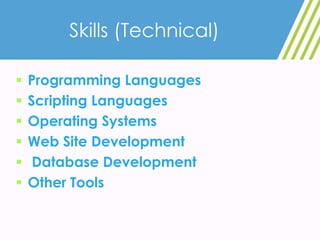 Skills (Technical)
 Programming Languages
 Scripting Languages
 Operating Systems
 Web Site Development
 Database Development
 Other Tools
 