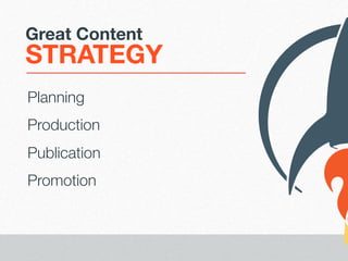 Great Content

STRATEGY
Planning
Production
Publication
Promotion

 