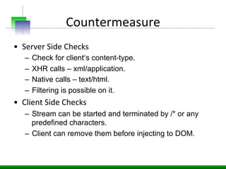 Countermeasure	
  
•  Server	
  Side	
  Checks	
  
–  Check for client’s content-type.
–  XHR calls – xml/application.
–  ...