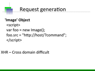 Request	
  generaEon	
  
	
  	
  	
  	
  'Image'	
  Object	
  
	
  	
  <script>	
  
	
  	
  var	
  foo	
  =	
  new	
  Imag...