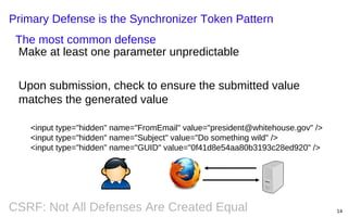 Primary Defense is the Synchronizer Token Pattern
The most common defense
Make at least one parameter unpredictable
Upon submission, check to ensure the submitted value
matches the generated value
<input type="hidden" name="FromEmail" value="president@whitehouse.gov" />
<input type="hidden" name="Subject" value="Do something wild" />
<input type="hidden" name="GUID" value="0f41d8e54aa80b3193c28ed920" />

CSRF: Not All Defenses Are Created Equal

14

 