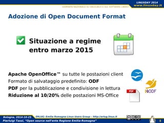 Pierluigi Tassi, “Open source nell'ente Regione Emilia-Romagna”
Bologna, 2014-10-25 ERLUG: Emilia Romagna Linux Users Group – http://erlug.linux.it
8
LINUXDAY 2014
Adozione di Open Document Format
Situazione a regime
entro marzo 2015
Apache OpenOffice™ su tutte le postazioni client
Formato di salvataggio predefinito: ODF
PDF per la pubblicazione e condivisione in lettura
Riduzione al 10/20% delle postazioni MS-Office
 
