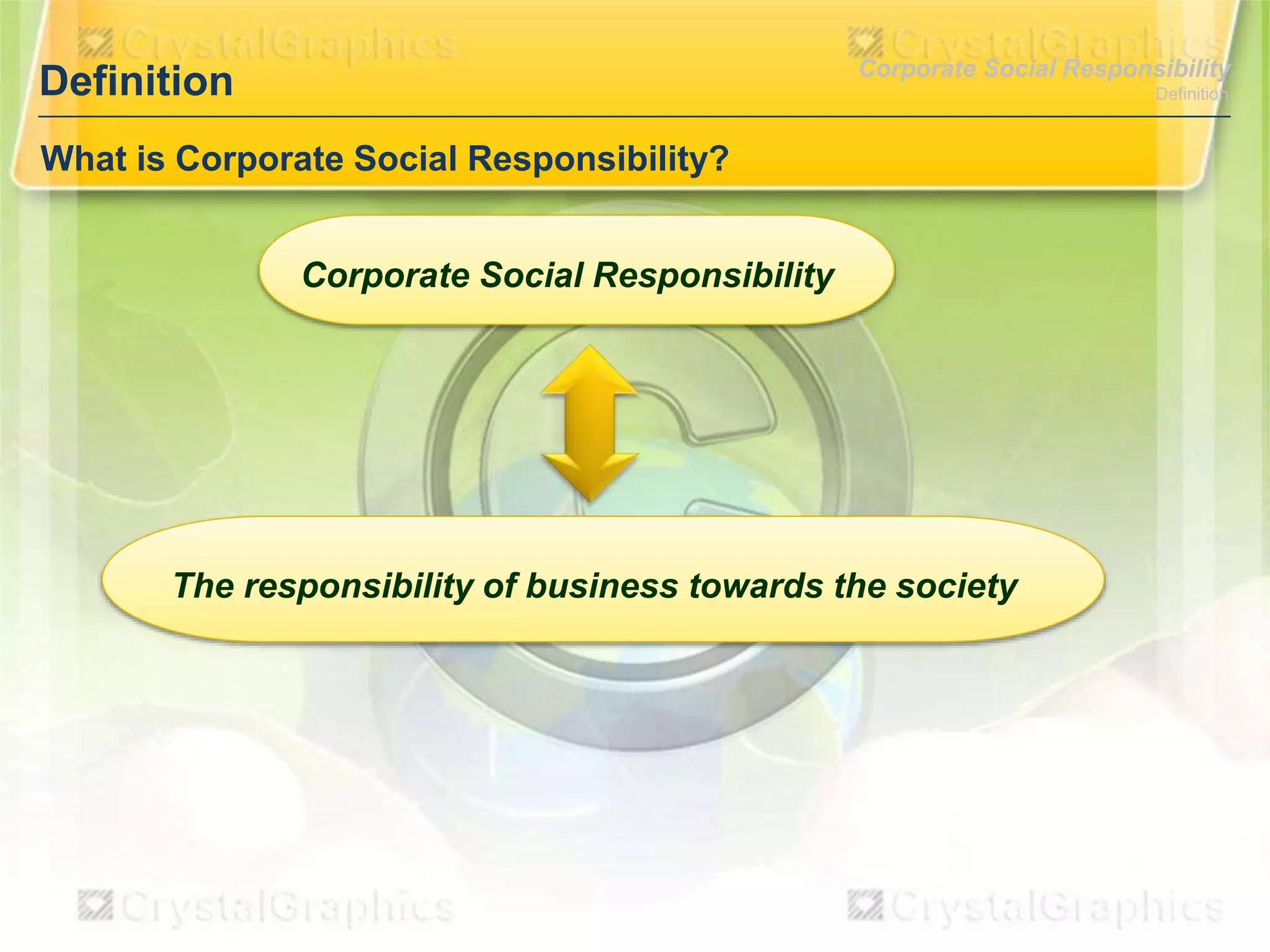 Corporate Social Responsibility

Definition

Definition

What is Corporate Social Responsibility?
Corporate Social Responsibility

The responsibility of business towards the society

 