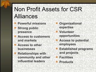 Non Profit Assets for CSR Alliances Powerful missions Strong public presence Access to customers and markets Access to other businesses Relationships with community and other influential leaders Organizational expertise Volunteer opportunities Access to potential employees Established programs and projects Facilities Products 