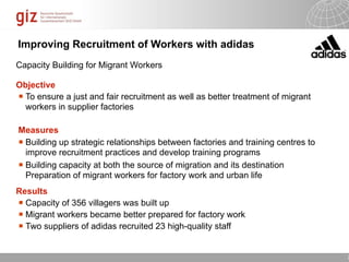Improving Recruitment of Workers with adidas
Capacity Building for Migrant Workers

Objective
 To ensure a just and fair recruitment as well as better treatment of migrant
  workers in supplier factories

Measures
 Building up strategic relationships between factories and training centres to
  improve recruitment practices and develop training programs
 Building capacity at both the source of migration and its destination
  Preparation of migrant workers for factory work and urban life
Results
 Capacity of 356 villagers was built up
 Migrant workers became better prepared for factory work
 Two suppliers of adidas recruited 23 high-quality staff

                                                                  10/09/11   Seite   2
 