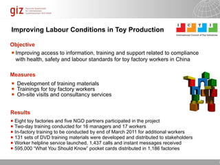 Improving Labour Conditions in Toy Production

Objective
 Improving access to information, training and support related to compliance
  with health, safety and labour standards for toy factory workers in China

Measures
   Development of training materials
   Trainings for toy factory workers
   On-site visits and consultancy services


Results
 Eight toy factories and five NGO partners participated in the project
 Two-day training conducted for 16 managers and 17 workers
 In-factory training to be conducted by end of March 2011 for additional workers
 131 sets of DVD training materials were developed and distributed to stakeholders
 Worker helpline service launched, 1,437 calls and instant messages received
 595,000 “What You Should Know” pocket cards distributed in 1,186 factories
                                                                        10/09/11   Seite   2
 