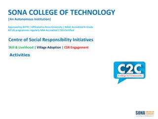 SONA COLLEGE OF TECHNOLOGY
|An Autonomous Institution|
Approved by AICTE | Affiliated to Anna University | NAAC Accredited A-Grade
All UG programmes regularly NBA-Accredited | ISO-Certified
Centre of Social Responsibility Initiatives
Skill & Livelihood | Village Adoption | CSR Engagement
Activities
 
