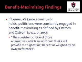 Benefit-Maximizing FindingsAs noted in self-interest, politicians frequently discussed universities in their home districts“I might note for the record we (University of Delaware) are ranked number two in the nation, beat Navy, a Division I team in their homecoming at Navy last week… Having played at Delaware, I am incredibly proud of my alma mater” – Sen. Joe Biden (D-DE) during Oct. 29, 2003 Senate Judiciary Committee Hearing (p. 7)“I as a father of a Penn State student would like this year to be a little bit more fulfilling for the Penn State team” – Rep. Tim Murphy (R-PA) during Dec. 7, 2005 House Subcommittee Hearing (p. 12)
