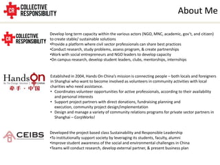 About MeDevelop long term capacity within the various actors (NGO, MNC, academic, gov’t, and citizen) to create stable/ sustainable solutionsProvide a platform where civil sector professionals can share best practices