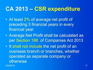 CA 2013 – CSR expenditure
• At least 2% of average net profit of
preceding 3 financial years in every
financial year
• Average Net Profit shall be calculated as
per Section 198 of Companies Act 2013
• It shall not include the net profit of an
overseas branch or branches, whether
operated as separate company or
otherwise
2/24/2015 11
 