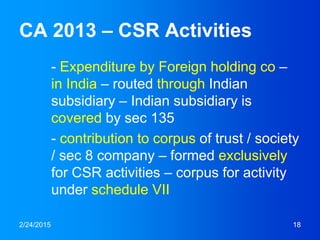 CA 2013 – CSR Activities
- Expenditure by Foreign holding co –
in India – routed through Indian
subsidiary – Indian subsidiary is
covered by sec 135
- contribution to corpus of trust / society
/ sec 8 company – formed exclusively
for CSR activities – corpus for activity
under schedule VII
2/24/2015 18
 
