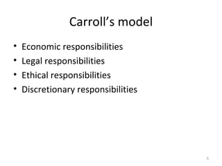 Carroll’s model Economic responsibilities Legal responsibilities Ethical responsibilities Discretionary responsibilities 
