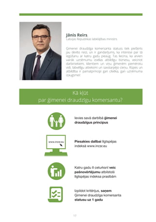 17
Kā kļūt
par ģimenei draudzīgu komersantu?
Ģimenei draudzīga komersanta statuss tiek piešķirts
jau devīto reizi, un ir gandarījums, ka interese par tā
iegūšanu ar katru gadu pieaug. Tas liecina, ka arvien
vairāk uzņēmumu izvēlas atbildīgu biznesu, veicinot
darbiniekiem, klientiem un viņu ģimenēm piemērotu
vidi, labvēlīgu attieksmi un savstarpējo cieņu. Rūpes un
atbildība ir pamatprincipi gan cilvēka, gan uzņēmuma
izaugsmei!
Jānis Reirs,
Latvijas Republikas labklājības ministrs
 