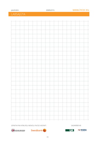 30
#ABN2016 www.incsr.eu
LABSAJŪTA
piezīmēm
IZPRATNI PAR ATBILDĪGU BIZNESU PALĪDZ VEICINĀT: SADARBĪBĀ AR:
 