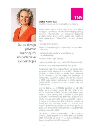 9
Darba devēju
galvenie
izaicinājumi
un darbinieku
ekspektācijas
Pēdējā laikā situācija darba tirgū kļūst darbiniekiem
labvēlīgāka – pārliecība par savu konkurētspēju pieaug,
palielinās nodarbinātība un samazinās bezdarbs,
savukārt darba devēji aizvien vairāk izjūt kvalificēta
darbaspēka trūkumu. Galvenie faktori, kas ietekmē darba
tirgu:
• demogrāfiskie procesi;
• darbaspēka pieprasījuma un piedāvājuma skaitliskās
izmaiņas;
• darbaspēka pieprasījuma un piedāvājuma
nesabalansētība;
• darba ņēmēju tirgus attīstība;
• darba devēju konkurences palielināšanās darba tirgū;
• interneta, sociālo mediju ietekmes pieaugums.
Kompānijas TNS 2016. gada pētījums par darba tirgus
tendencēm atklāj, ka galvenie iemesli, kāpēc cilvēki aizietu
no darba, ir lielāks atalgojums (64%), lielāki piedāvātie
labumi un bonusi (22%), kā arī plašākas personīgās un
profesionālās izaugsmes iespējas citur (21%). Salīdzinot
ar 2014. gadu, būtiski ir palielinājies to cilvēku īpatsvars,
kuri efektīvāku izaugsmi saredz ārpus uzņēmuma, kurā
strādā pašreiz.
Situācija liecina, ka strādājošo gatavība un atvērtība
darba maiņai ir diezgan augsta. Tā 24% cilvēku apsver
iespēju šogad mainīt darbu. Savukārt 63% vēl nav gatavi
pieņemt jaunus izaicinājumus. Salīdzinot ar 2014. gadu,
ievērojami ir samazinājies to darbinieku īpatsvars, kuri
grib turēties pie pašreizējā darba un noteikti neapsver
tā maiņu. Kopumā gandrīz 40% strādājošo uzskata, ka,
ņemot vērā viņu pašreizējo amatu un darbības jomu,
viņiem ir palielinājušās iespējas atrast labāk apmaksātu
darbu savā jomā, kamēr nedaudz mazāk kā puse (47%) ir
snieguši noliedzošu atbildi.
Dati liecina, ka 34% darbinieku pēc nodokļu nomaksas
uz rokas vēlētos saņemt vairāk nekā 1000 EUR. Vēlamā
vidējā mēnešalga uz rokas ir 1122 EUR, un tā aptuveni
divas reizes pārsniedz vidējo algu valstī.
Signe Kaņējeva,
lielo klientu direktore, personāla pētījumu eksperte
 