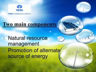Two main components
1. Natural resource
management
2. Promotion of alternate
source of energy
 