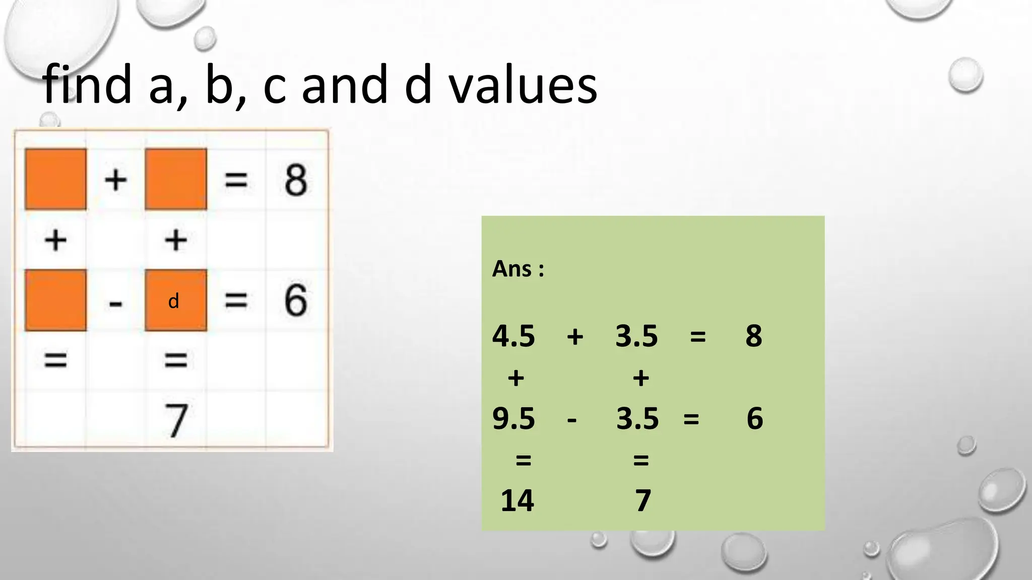 find a, b, c and d values
d
Ans :
4.5 + 3.5 = 8
+ +
9.5 - 3.5 = 6
= =
14 7
 