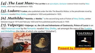 [4] .The Last Man:-The Last Man is an apocalyptic, dystopian science fiction novel by Mary
Shelley, which was first published in 1826.
[5]. Lodore:-Lodore, also published under the title The Beautiful Widow, is the penultimate novel by
Romantic novelist Mary Shelley, completed in 1833 and published in 1835.
[6] .Mathilda:-Mathilda, or Matilda,[1] is the second long work of fiction of Mary Shelley, written
between August 1819 and February 1820 and first published posthumously in 1959.
[7]. Valperga:-Valperga: or, the Life and Adventures of Castruccio, Prince of Lucca is an
1823 historical novel by the Romantic novelist Mary Shelley, set amongst the wars of the Guelphs
and Ghibellines (the latter of which she spelled "Ghibeline").
Present by BHAVYANG
 