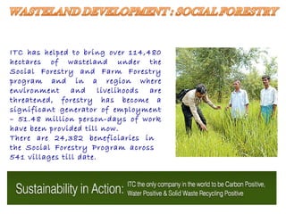 ITC has helped to bring over 114,480 hectares of wasteland under the Social Forestry and Farm Forestry program and in a region where environment and livelihoods are threatened, forestry has become a significant generator of employment – 51.48 million person-days of work have been provided till now.  There are 24,382 beneficiaries in the Social Forestry Program across 541 villages till date.  