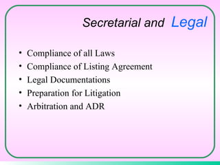 Compliance of all Laws Compliance of Listing Agreement Legal Documentations Preparation for Litigation Arbitration and ADR Secretarial and  Legal 