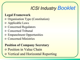 Legal Framework Organisation Type (Constitution) Applicable Laws  Concerned Regulators Concerned Tribunal Empanelment Opportunities  Concerned Ministries Position of Company Secretary Position in Value Chain Vertical and Horizontal Reporting  ICSI Industry  Booklet 