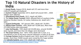 Top 10 Natural Disasters in the History of
India
1. Kerala floods, August 2018, death toll 373 and more than
2,80,679 people got displaced
2. Kashmir Floods September 2014, death toll around 500+, 2600
villages were affected
3. Uttarakhand Flash Floods, 2013, death toll 5000+
4. The Indian Ocean Tsunami 2004, affected Parts of southern India,
Andaman Nicobar Islands, Sri Lanka, Indonesia etc. death toll 2
lakh+
5. Gujarat Earthquake, 26th January 2001, death toll: 20,000+
6. Odisha Super Cyclone, 1999, death toll 10,000 plus, More than
275,000 houses were destroyed
7. Latur Earthquake, 1993 death toll 20,000 plus, around 30,000
were injured, and more than 50 villages were destroyed
8. The Great Famine, Year: 1876-1878, death toll 3 crore, it is
considered as one of the worst natural calamities in India of all time.
9. Coringa Cyclone (Andhra Pradesh) year:1839, death toll 3.2 lakh
people, more than 25000 vessels were ruined by this huge cyclone
10. Calcutta Cyclone, year:1737, death toll 3 lakh plus
Source: https://www.mapsofindia.com/my-india/travel/top-10-natural-disasters-in-the-history-of-india
Map Source: http://commons.wikimedia.org/wiki/File:Major_Disasters_in_India.jpg
 