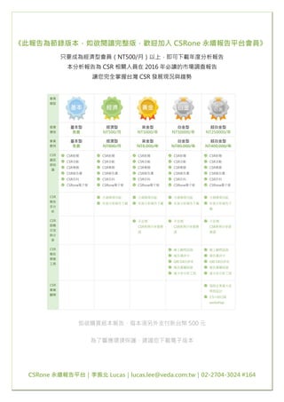 《此報告為節錄版本，如欲閱讀完整版，歡迎加入 CSRone 永續報告平台會員》
只要成為經濟型會員（NT500/月）以上，即可下載年度分析報告
本分析報告為 CSR 相關人員在 2016 年必讀的市場調查報告
讓您完全掌握台灣 CSR 發展現況與趨勢
如欲購買紙本報告，每本須另外支付新台幣 500 元
為了響應環境保護，建議您下載電子版本
CSRone 永續報告平台｜李振北 Lucas｜lucas.lee@veda.com.tw｜02-2704-3024 #164
 