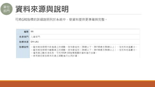 資料來源與說明
可將GRI指標的詳細說明列於系統中，使資料提供更準確與完整。
單位
部門
 