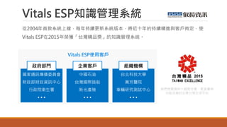Vitals ESP知識管理系統
從2004年首款系統上線，每年持續更新系統版本，將近十年的持續精進與客戶肯定，使
Vitals ESP在2015年榮獲「台灣精品獎」的知識管理系統。
我們想要提供一個更方便、更直覺與
功能完善的企業分享交流平台
國家通訊傳播委員會
財政部財政資訊中心
行政院衛生署
  
政府部門
中國石油
台灣國際造船
新光產險
  
企業客戶
台北科技大學
萬芳醫院
車輛研究測試中心
  
組織機構
Vitals ESP使用客戶
 