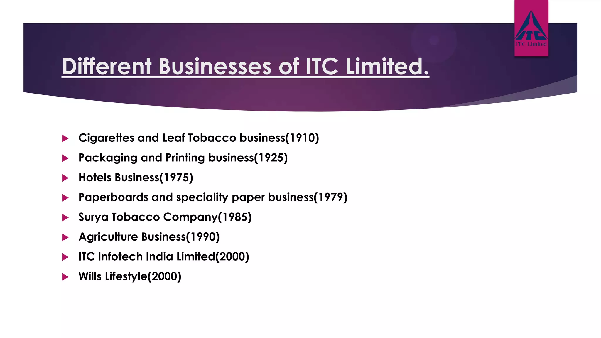 Different Businesses of ITC Limited.
 Cigarettes and Leaf Tobacco business(1910)
 Packaging and Printing business(1925)
 Hotels Business(1975)
 Paperboards and speciality paper business(1979)
 Surya Tobacco Company(1985)
 Agriculture Business(1990)
 ITC Infotech India Limited(2000)
 Wills Lifestyle(2000)
 