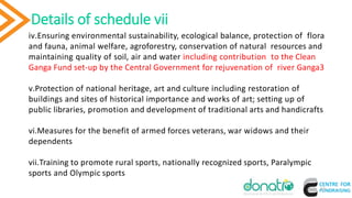 Details of schedule vii
13
iv.Ensuring environmental sustainability, ecological balance, protection of flora
and fauna, animal welfare, agroforestry, conservation of natural resources and
maintaining quality of soil, air and water including contribution to the Clean
Ganga Fund set-up by the Central Government for rejuvenation of river Ganga3
v.Protection of national heritage, art and culture including restoration of
buildings and sites of historical importance and works of art; setting up of
public libraries, promotion and development of traditional arts and handicrafts
vi.Measures for the benefit of armed forces veterans, war widows and their
dependents
vii.Training to promote rural sports, nationally recognized sports, Paralympic
sports and Olympic sports
 