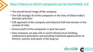 Basic Criteria on which companies can be shortlisted: 1/2
• The overall brand image of the company
• The CSR strategic fit of the companies in the lines of Oxfam India’s
thematic priorities
• CSR approach of the company and historical CSR intervention in the
context of India
• Annual profit of the companies in past two years
• How company can play role in social infrastructure building,
employment generation and providing livelihood opportunities to
farmers, women and youth in the long run
 