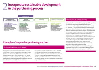 2           Incorporate sustainable development
            in the purchasing process

                                          CONSULTATION


       COMMITMENT OF                         SUPPLIER
     PURCHASING OFFICERS                   QUALIFICATION                   CONTRACTS                  CONTRACT MANAGEMENT           OPTIMIZING BUSINESS TRAVEL

 Purchasing Charter                 Suppliers Charter             “Sustainable development”         Evaluation of suppliers       Business travel is a real issue for the company, with its operations
 Purchasing Code of Conduct         Questionnaire sent            clause                            Audit of suppliers            in 77 diﬀerent countries. For several reasons, including
 Targeted training                  to suppliers during           Commit suppliers to practices     Measure the suppliers’ CSR
 Awareness raising                  a consultation                consistent with the company’s     performance, evaluate         the environmental beneﬁt of reducing transportation-related
 Commit purchasing officers         Evaluate whether              sustainable development           their application of          CO2 emissions, a policy for environmental, social and economic
 to the priorities in sustainable   the suppliers’ practices      commitments                       the sustainable development
 development and ethical            are consistent with                                             commitments and identify
                                                                                                                                  optimization of travel was rolled out for our employees in France.
 conduct rules                      the company’s sustainable                                       areas for improvement         Through a dedicated portal linked to internal management tools,
                                    development commitments                                                                       the reservation process is optimized to oﬀer travel conditions
                                                                                                                                  consistent with the company’s sustainable development
                                                                                                                                  commitments. The employees are trained and the tool is
                                                                                                                                  programmed to propose less-polluting alternatives, for example,
                                                                                                                                  rail rather than air for trips of less than three and half hours,
                                                                                                                                  or teleconferencing rather than rail. The best travel options
                                                                                                                                  for protecting our employees’ health, paperless billing
Examples of responsible purchasing practices                                                                                      and electronic ticketing round out the approach to overall
                                                                                                                                  optimization of the policy on business travel.
                                                                                                                                  Furthermore, by tracking CO2 emissions and sensitizing all
 THINKING IN TOTAL-COST TERMS                                                                                                     stakeholders to the impacts of their travel, the policy ensures
                                                                                                                                  that everyone is involved in more-responsible mobility.
For long-term cost-containment and to optimize resources         Our experience over the past few years makes it clear that
consumption in running its equipment, the company studied        this approach to sustainable purchasing, arrived at after
the total cost of ownership (TCO) for chassis for trucks         consultation with the operators and maintenance personnel,
weighing over 12 metric tons. The total cost of this type of     is eﬀective in reducing, managing and optimizing costs.
equipment over eight years, including fuel, any additives, and   The TCO approach is considered a source of value creation
preventive and corrective maintenance can represent up to four   and resource savings, and will be extended to include chassis
times the initial investment for the chassis alone.              design and dismantling.




                                                                      Veolia Environnement — Managing responsible purchasing / Incorporate sustainable development in the purchasing process       60
 