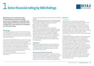 1          Extra-ﬁnancial rating by BMJ Ratings

BMJ Ratings was mandated by Veolia                                        In France, audits covered all the Company’s activities in its Northwest      Conclusions
                                                                          delegation.
Environnement to carry out a strategic                                                                                                                 → Environment
                                                                          Elsewhere, eight subsidiaries were assessed in the following regions:
assessment of all aspects of Corporate Social                             ■ Europe: Spain (energy distribution), Estonia (energy distribution),
                                                                                                                                                       Veolia Environnement continued with the operational
Responsibility (CSR) between December 2010                                   Romania (water management), Sweden (transportation);                      implementation of Environmental Management Systems in 2010.
                                                                          ■ Africa: Morocco (water management);                                        The agency conﬁrms its positive assessment concerning
and April 2011, and to perform the Company’s                                                                                                           the integration of energy/carbon issues within the four divisions,
                                                                          ■ Asia: China (waste management);
extra-ﬁnancial rating.                                                    ■ North America: USA (transportation);                                       and points out Dalkia’s engagement in regard to the structuring
                                                                          ■ Latin America: Mexico (water and waste management).                        of the biomass industry. The agency also notes that the Company
                                                                          The extra-ﬁnancial rating of Veolia Environnement is based on BMJ            increased its eﬀorts in 2010 to deﬁne a “water footprint” standard.
Methodology                                                               Ratings’ registered DEEPP Model® (Drivers, Engagement, Exposure,             However, there remain some important progress margins concerning
Since 2004, BMJ Ratings has carried out an extra-ﬁnancial rating          Performance, Plan for Action). This strategic and managerial                 the integration of biodiversity within Operations and the
of Veolia Environnement. The agency’s assessment covers the entire        evaluation model takes into account companies’ operational                   implementation of comprehensive oﬀers for urban eco-development.
scope of CSR ﬁelds: environment, human resources, marketing and           activities. Veolia Environnement’s performance is analyzed in the
                                                                                                                                                       → Human resources
sales, purchasing and subcontracting, relationships with civil society,   light of its speciﬁc issues—in terms of risks and opportunities—
                                                                                                                                                       The agency points out the formalization of a strong corporate policy
and corporate governance.                                                 in all of its ﬁelds of responsibility. Each issue is analyzed by
                                                                                                                                                       on diversity and combating discrimination. It was able to assess
                                                                          assessing stakeholders’ expectations and the Company’s leeway
                                                                                                                                                       the eﬀective rollout of this policy in France, implemented by
The assessment provided by BMJ Ratings is the result of an analysis       for addressing these.
                                                                                                                                                       the Divisions; however, integration of the policy into operations in
based on the consultation of internal documents provided by Veolia
                                                                                                                                                       other countries remains a challenge. In 2010 Veolia Environnement
Environnement, completed by interviews with the Company’s                 Independence                                                                 maintained its high level of commitments to training and
management, audits within business units, and stakeholder surveys.        BMJ Ratings is an agency specialized in solicited extra-ﬁnancial             the development of its human capital, which is an essential asset
The data analyzed were prepared under the responsibility of               rating, working for public and private organizations. BMJ Ratings            for an industrial services company. However, the agency underlines
Veolia Environnement’s Sustainable Development Department.                is completely independent and none of its clients own shares                 the necessity for the Company to engage in a cross-division approach
Twenty-two interviews were conducted at the headquarters                  in the company. None of its employees are subject to conﬂicts                to knowledge management (capitalizing on operational expertise,
of the Company and its Divisions; they covered the main functions         of interest due to their activities.                                         setting up of means for exchanging knowledge, participative
concerned by the establishment and implementation
                                                                                                                                                       innovation, etc.) Last, in a deteriorated economic context that
of the Company’s CSR strategy.
                                                                          CSR assessment of Veolia Environnement                                       is a source of pressure for Operations, the agency notes that
Audits were organized within business units in all four
                                                                          The assessment of Veolia Environnement—carried out in 2011 on                the Company stepped up its eﬀorts to improve accident prevention
of the Divisions.
                                                                          the basis of information relating to 2010—reveals a high level of results,   and safety measures in its Business Units, but recommends that
                                                                          superior to sector standards. The Company’s performance remains              this criterion be taken into account as a systematic item when
                                                                          consistent overall in all six of the CSR ﬁelds assessed, although            setting managers’ bonuses.
                                                                          the agency noticed a decrease in the ﬁeld of corporate governance.


                                                                                                                                                                    Veolia Environnement — Independent opinions         72
 