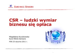 CSR – ludzki wymiar
biznesu się opłaca

Magdalena Kuczkowska
Euro RSCG Sensors
PIRI 25 stycznia 2011 r.




                           1
 